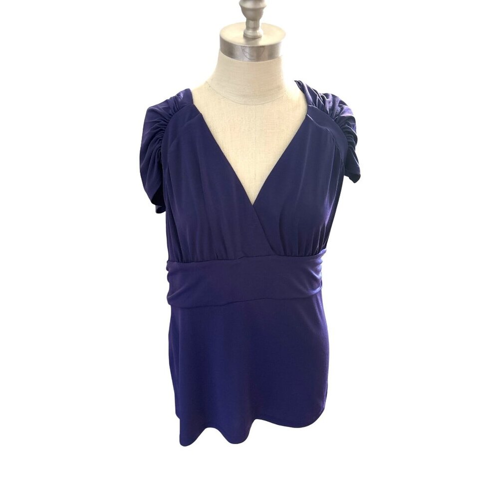 Attention Purple Ruched Short Sleeve V-Neck Blouse Women’s Large Stretchy Regal